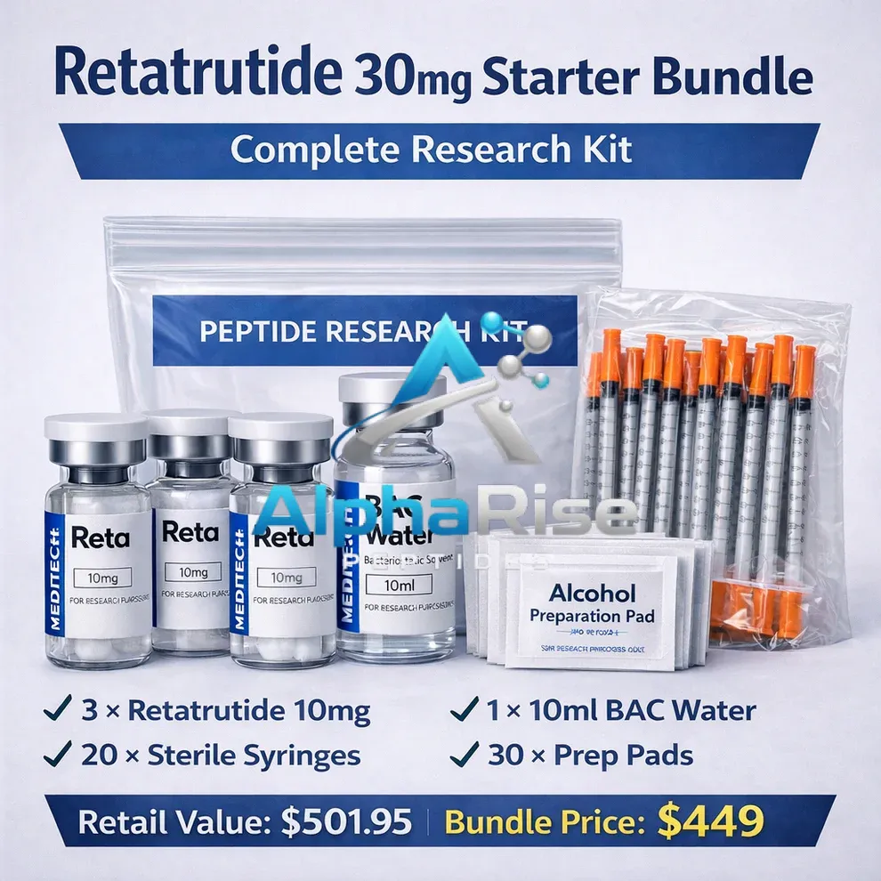 Retatrutide 30mg Starter Bundle = 3x Reta 10mg, 1x Bac Water 10ml, 20 Syringes, 30x Swabs